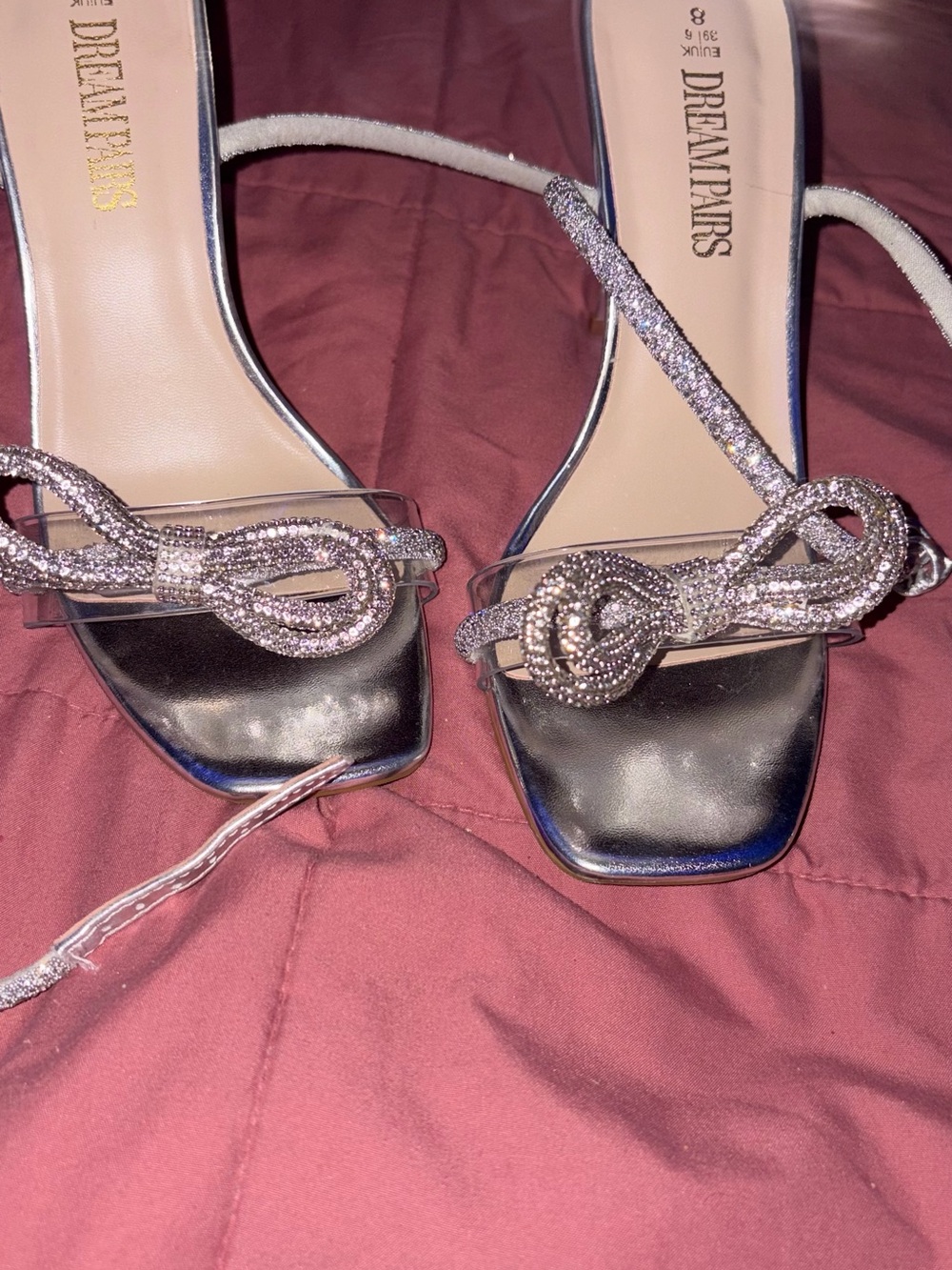 Dream Pairs Silver Crystal Knot Heeled Sandals